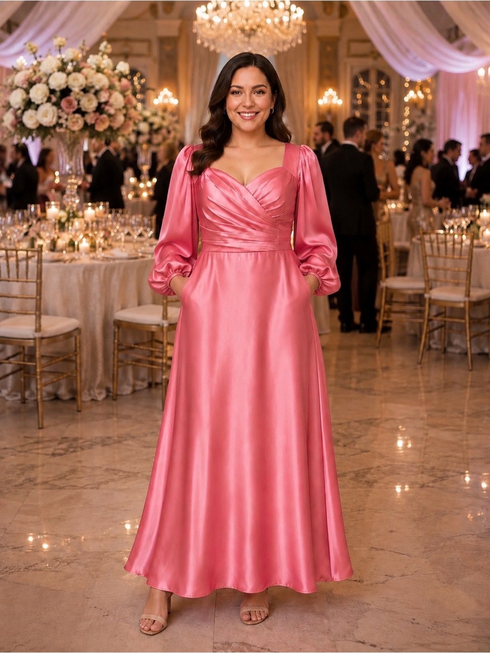 #431 Pinkish Peach-colored, long-sleeved satin A-line gown-Large/Size 14